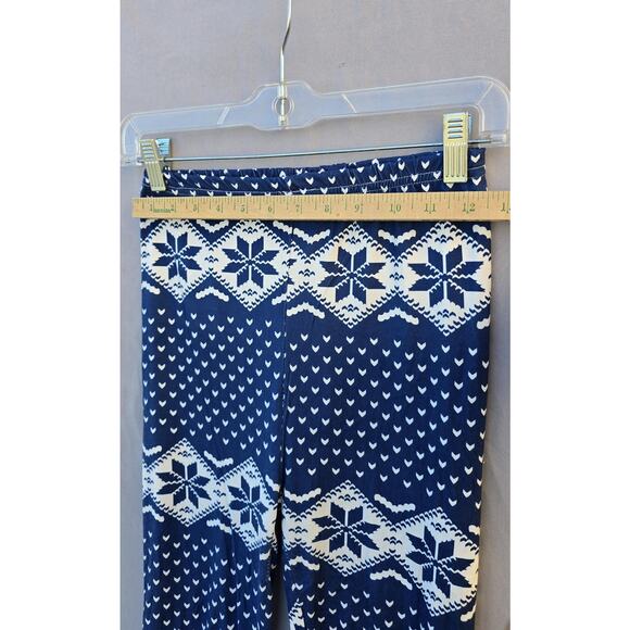 Fair Isle Snowflake Leggings Womens Small Blue White Print Stretch Thin - Picture 2 of 5